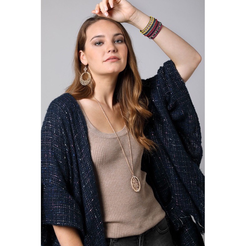 Carissa Navy Metallic Tweed Ruffle Kimono Top - Picture 3 of 7